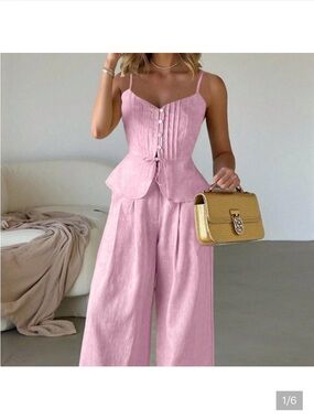 Pink Elegant Women's Casual Fitted Camisole And Wide Leg Pants
